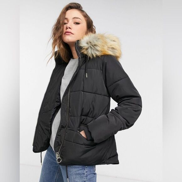 Topshop Nordstrom Removable Faux Fur Hoodie Puffer Zip Up Drawstring Jacket 4 - Picture 3 of 11